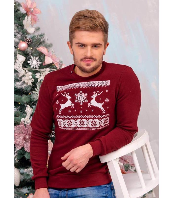 Мужской свитшот Рождественский мод.531 ➤ теплый бордовый мужской свитшот с оленями от МамаТато