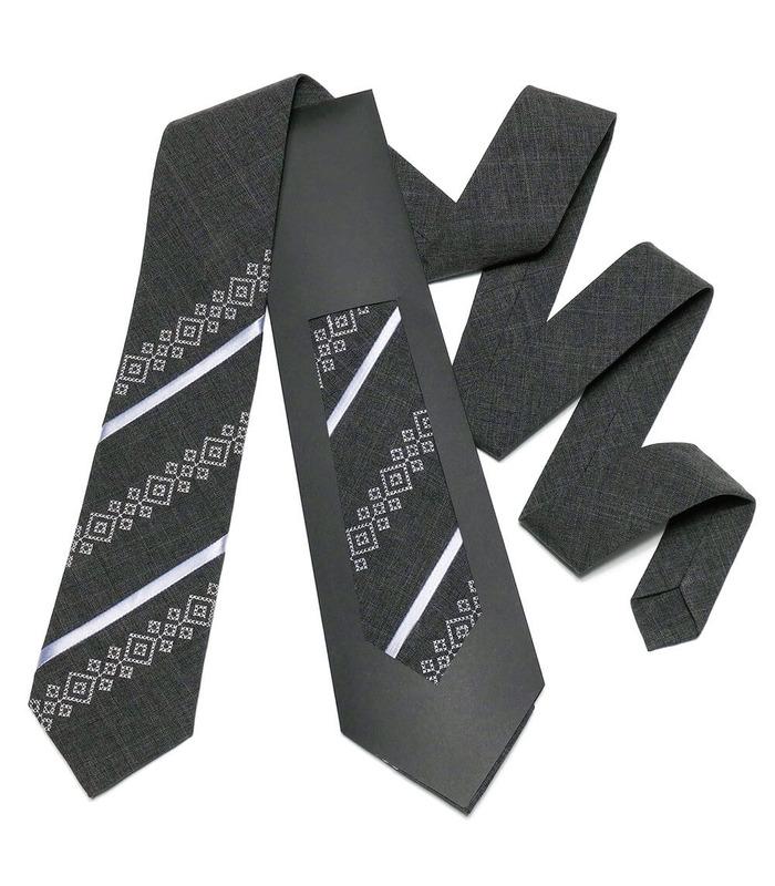 ᐉ Чоловіча вишита краватка 757, українська, костюмна тканина, темно-сіра