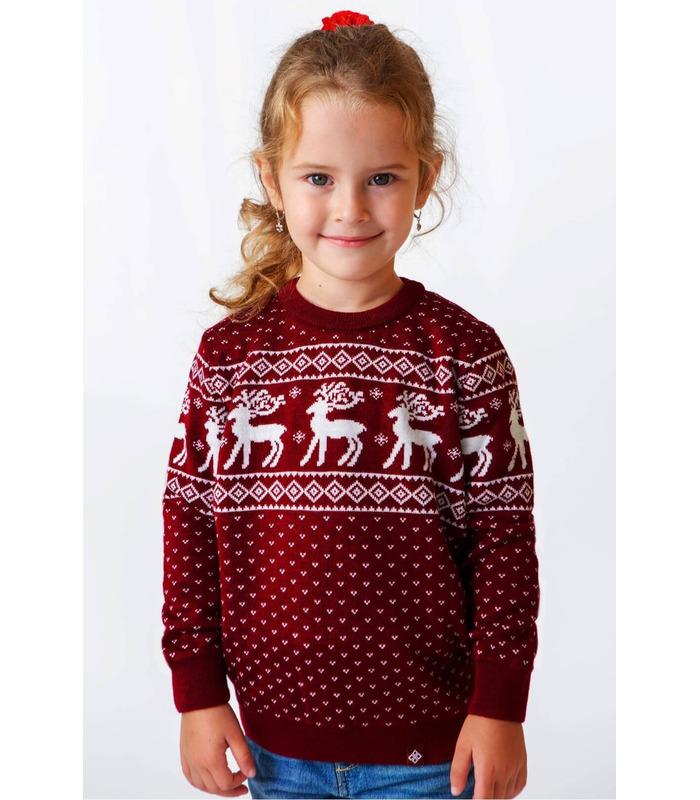 Свитер для девочки Олени мод.102 ➤ бордовый детский свитер с оленями