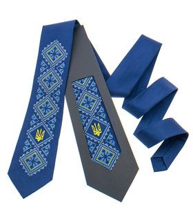 Мужской галстук ᐉ Вышитый синий с трезубом 820, украинский, сатин