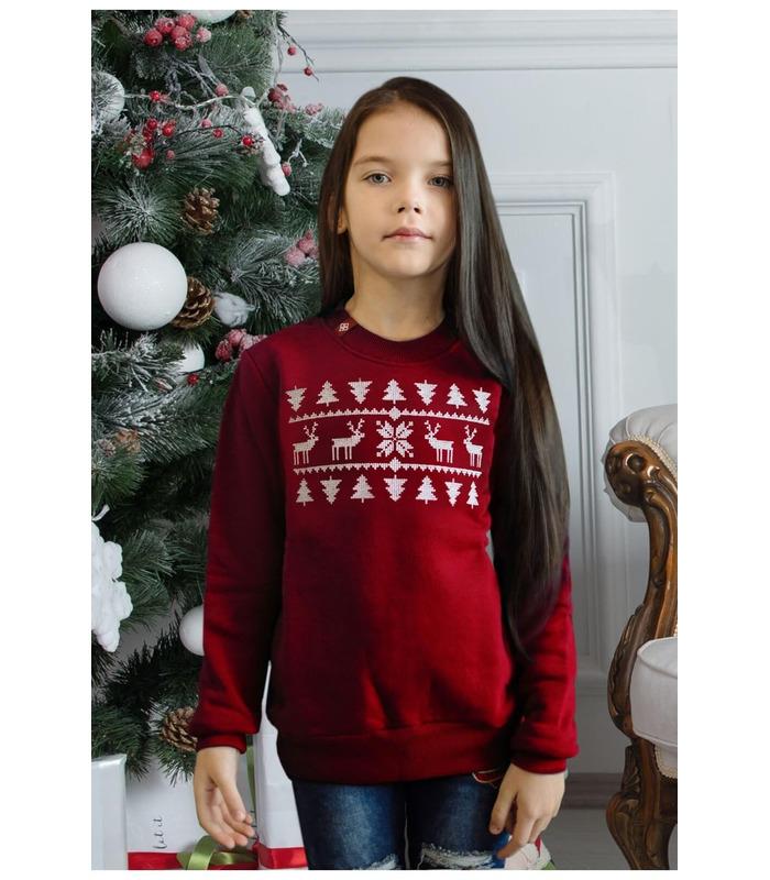 Детский свитшот для девочки Рождественский мод.225 ➤ теплый детский свитшот с оленями для девочки от МамаТато