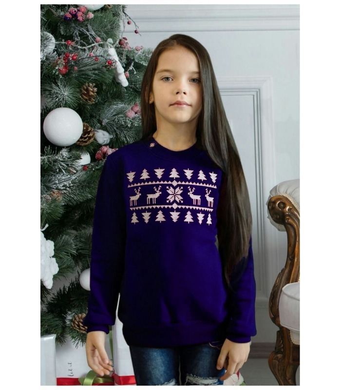 Детский свитшот для девочки Рождественское Чудо мод.238 ➤ синий детский свитшот с оленями для девочки от МамаТато