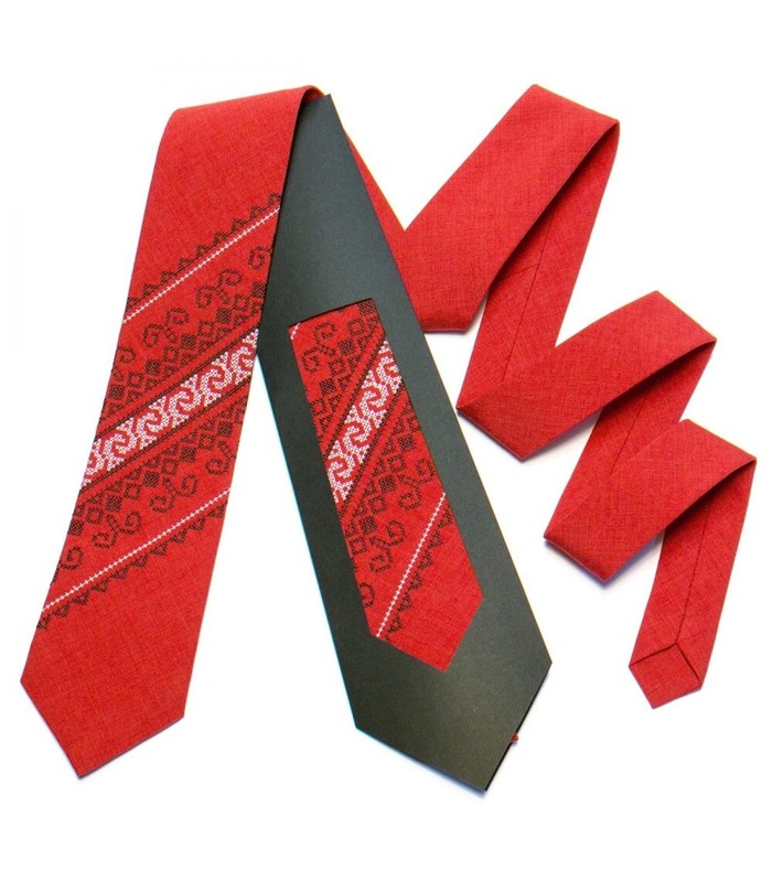 Галстук ᐉ Вышитый галстук красного цвета 735, костюмная ткань ※ Украина