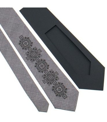 Галстук ᐉ Вышитый галстук бежевого цвета с коричневым переплетением 915, костюмная ткань ※ Украина
