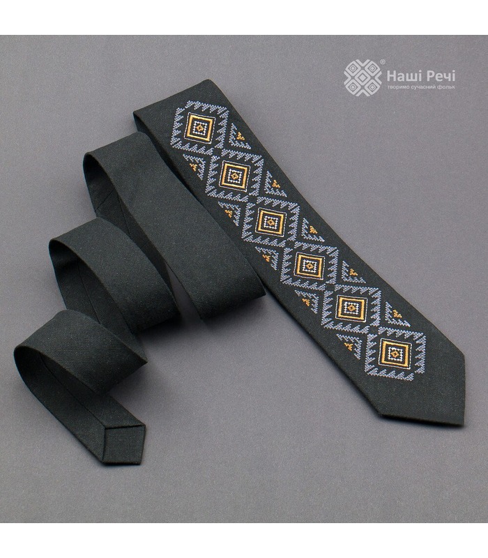 Галстук ᐉ Вышитый галстук черного цвета 926, натуральный лен ※ Украина
