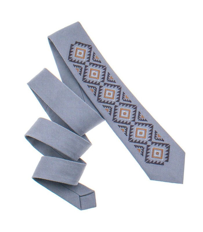 Краватка ᐉ Вишита краватка світло-сірого кольору 927, з натурального льону ※ Україна