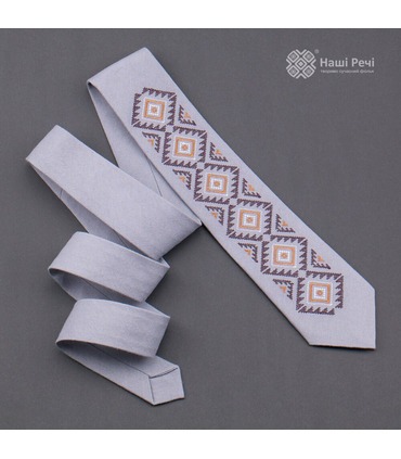 Краватка ᐉ Вишита краватка світло-сірого кольору 927, з натурального льону ※ Україна