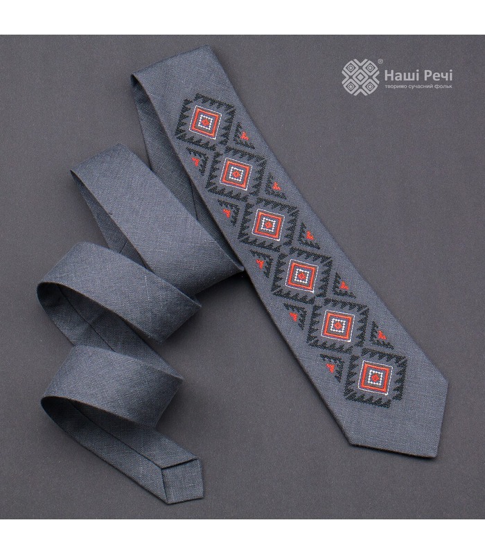 Галстук ᐉ Вышитый галстук темно-серого цвета 928, натуральный лен ※ Украина