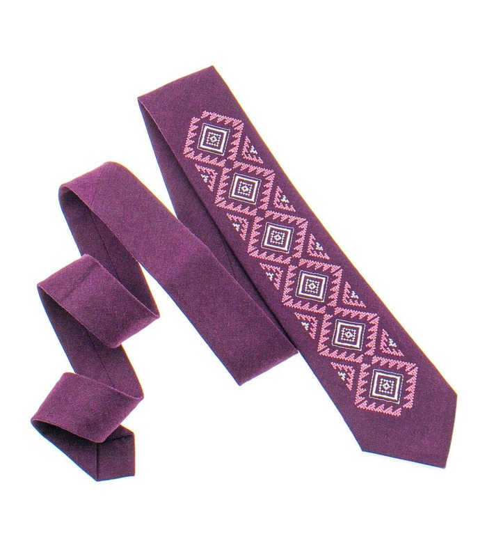 Галстук ᐉ Вышитый галстук бордового цвета 930, натуральный лен ※ Украина