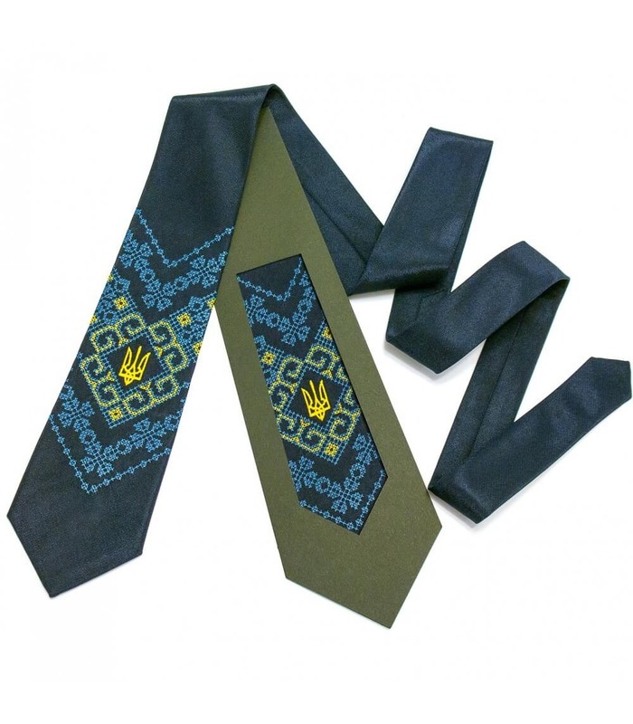Галстук ᐉ Вышитый галстук темно-синего цвета с трезубом Мирослав, сатин ※ Украина
