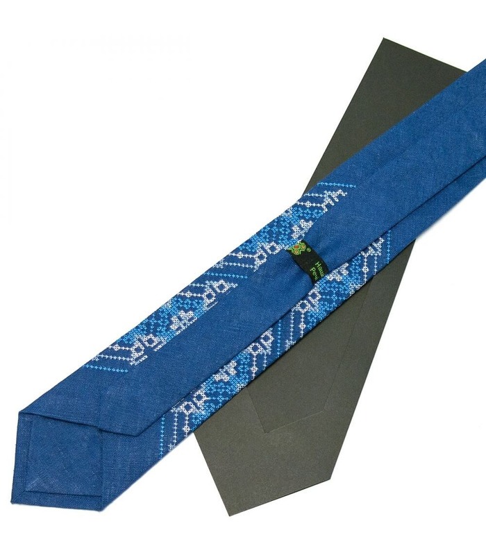 Краватка ᐉ Вишита краватка синього кольору 676, натуральний льон ※ Україна