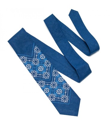 Краватка ᐉ Вишита краватка синього кольору 676, натуральний льон ※ Україна