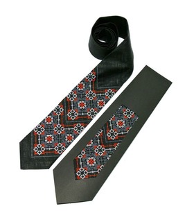 Галстук ᐉ Вышитый галстук черного цвета 679, натуральный лен ※ Украина