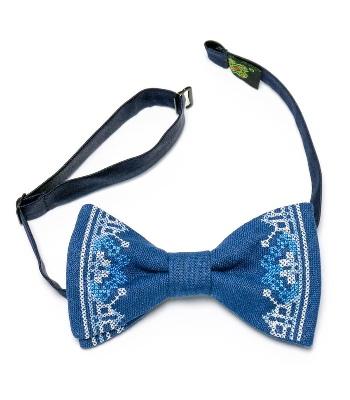 Мужская вышитая бабочка 639 из натурального льна ᐉ Синего цвета ※ Украина