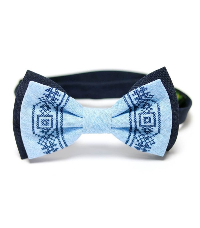 Мужская вышитая бабочка 634 из костюмной ткани ᐉ Темного синего и голубого цвета ※ Украина