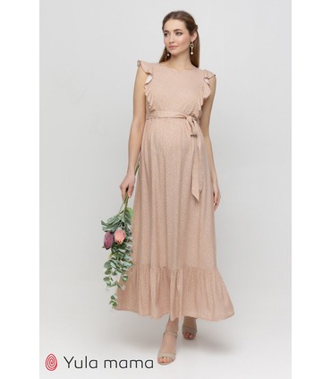 Платье Фрея BG, бежевое длинное платье в горошек беременным и кормящим