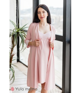 Комплект Мая RO ➤ бледно-розовый халат и ночнушка с кружевом для беременных и кормящих