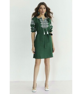 Вишитое льняное платье мод.020 ➤ зелёное льняное платье с белой вышивкой