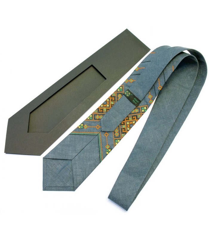 Галстук ᐉ Вышитый серого цвета из льна Хот, 100% лен ※ Украина