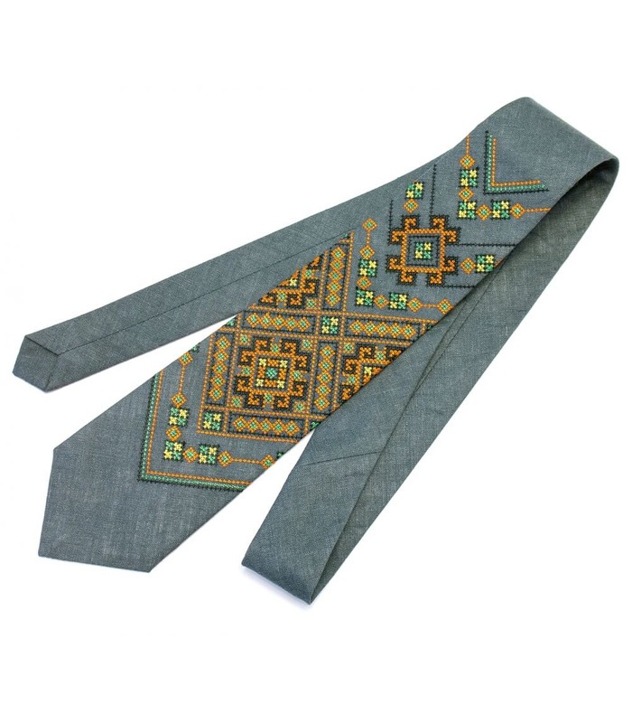 Галстук ᐉ Вышитый серого цвета из льна Хот, 100% лен ※ Украина