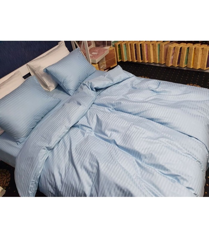 Комплект постельного белья "Lux  Light Blue" Сатин Stripe из 100% хлопка, полоса 1/1 см