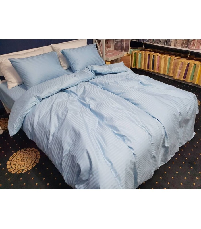 Комплект постельного белья "Lux Light Blue" Сатин Stripe из 100% хлопка, полоса 1/1 см