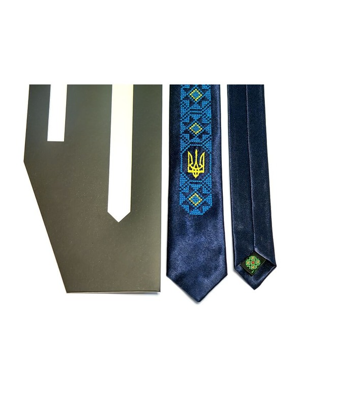 Галстук ᐉ Вышитый галстук темно-синего цвета Водограй, сатин ※ Украина