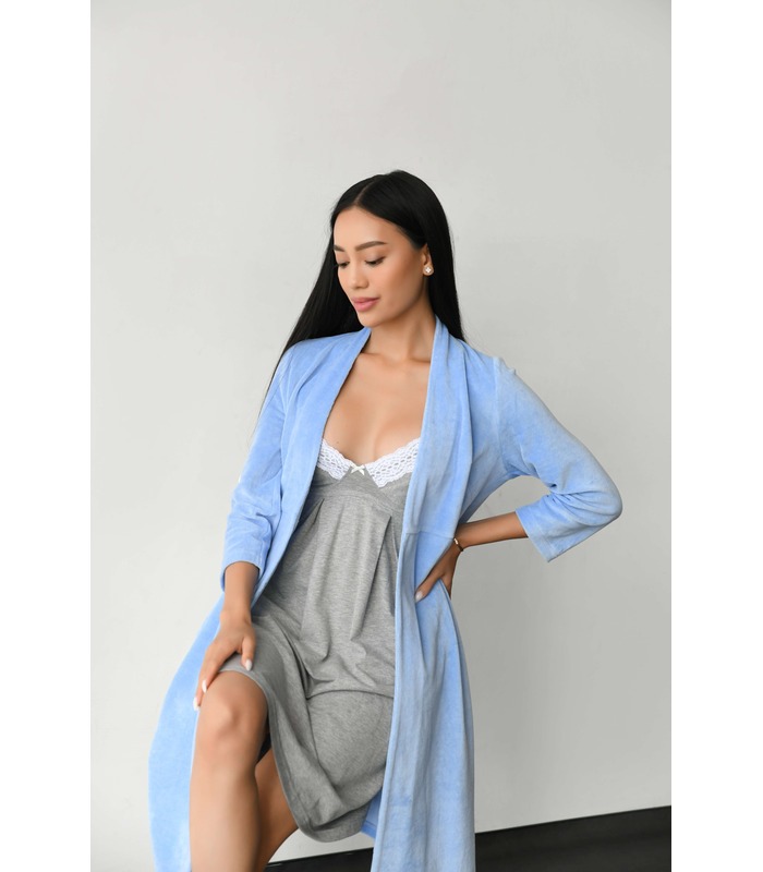 Велюровый халат для беременных мод.25400 голубой - теплый голубой халат беременным и кормящим от МамаТато