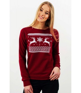 Женский свитшот Рождественский мод.529 ➤ теплый бордовый женский свитшот с оленями от МамаТато