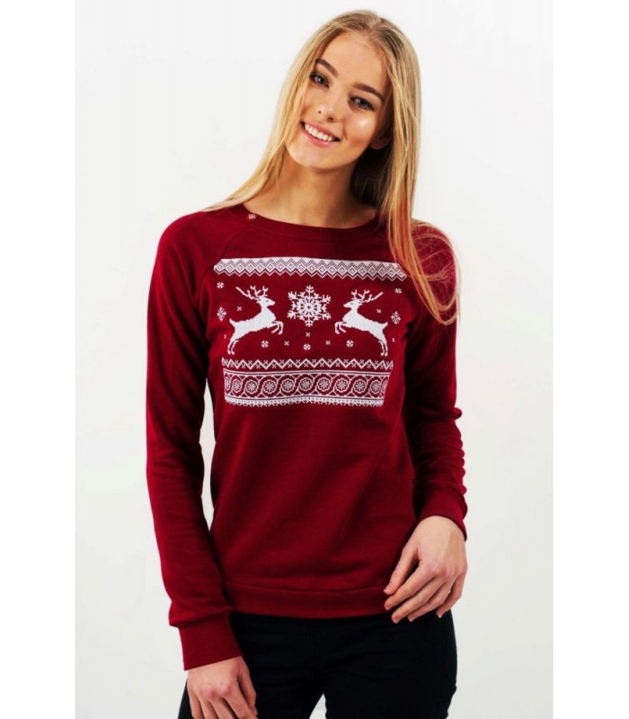 Женский свитшот Рождественский мод.529 ➤ теплый бордовый женский свитшот с оленями от МамаТато