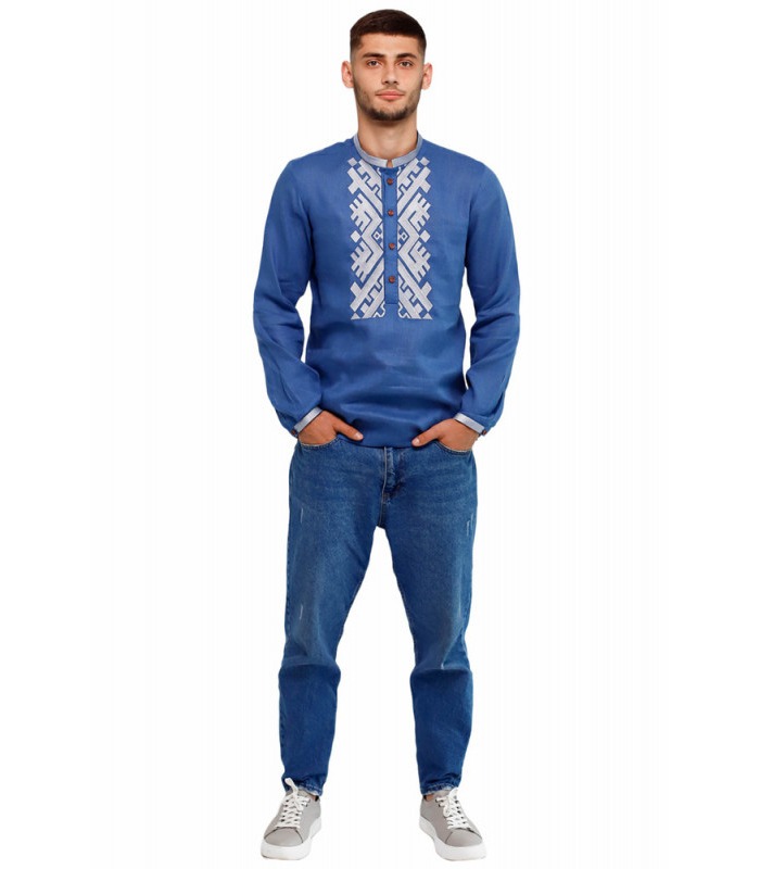 Мужская вышиванка мод.4006 - синяя льняная мужская вышиванка от МамаТато