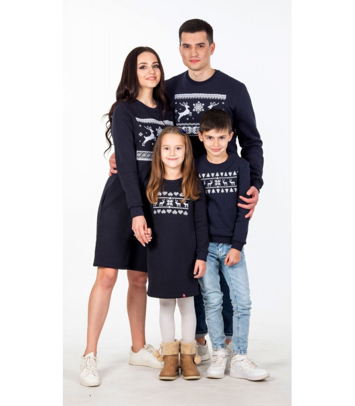 Детское платье с вышивкой мод.250 - синее детское платье с вышитыми оленями от МамаТато