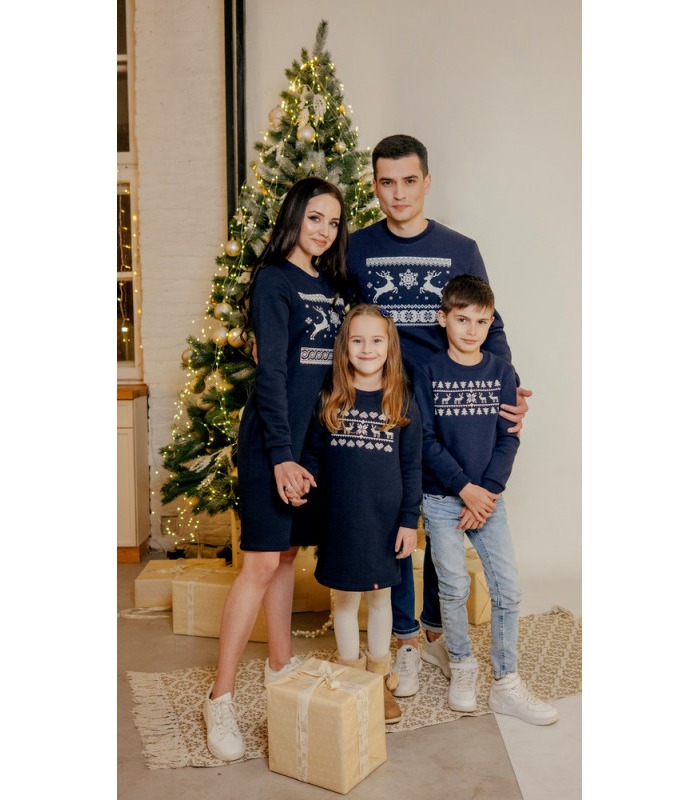 Дитяча сукня з вишивкою мод.250 - дитяча синя тепла сукня з вишитими оленями від МамаТато