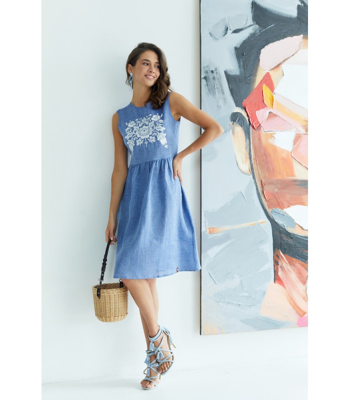 Вишита лляна сукня мод.0040 - блакитна вишита сукня на літо від МамаТато