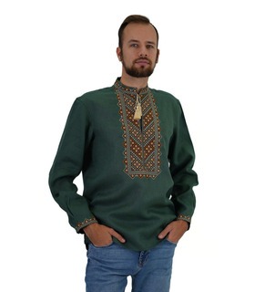 Чоловіча вишиванка Бажан Д (льон зелений) - зелена лляна чоловіча вишиванка від МамаТато