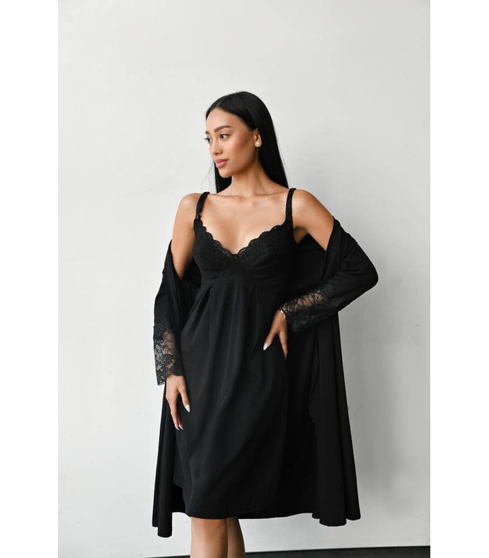 Нічна сорочка мод.24182 - чорна ночнушка з мереживом вагітним та годуючим від МамаТато