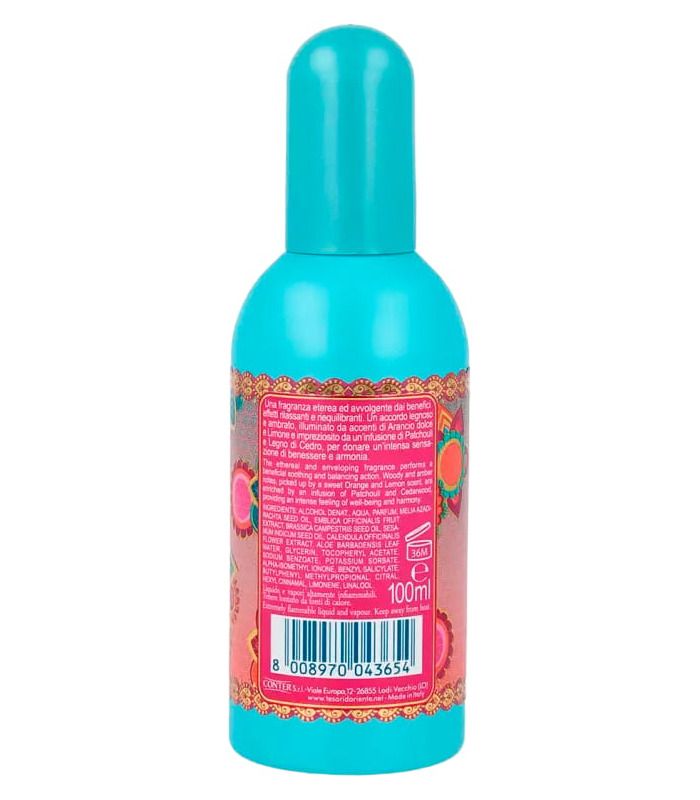 Аромат Tesori d'Oriente Ayurveda з нотками олії амли і пачулі. Бірюзова пляшка з елегантним рожевим розпилювачем, об'єм - 100 мл